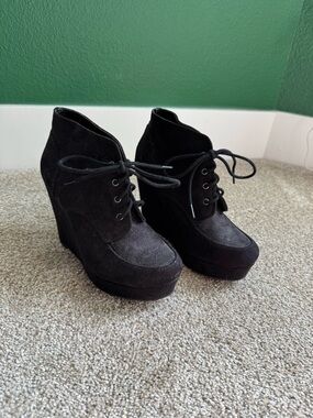 Black Suede Lace-Up Wedge Booties - Women